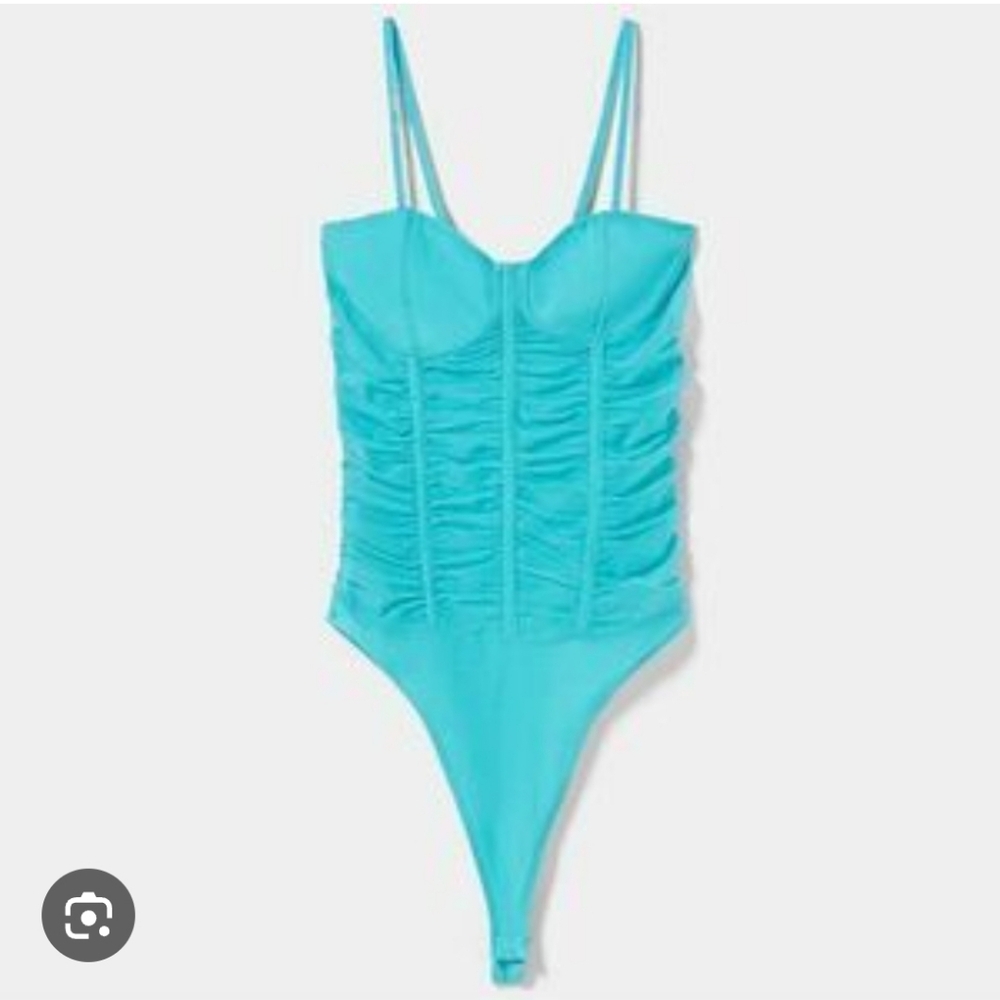 Bershka Ruched Semi Sheer Thong Bodysuit NWT